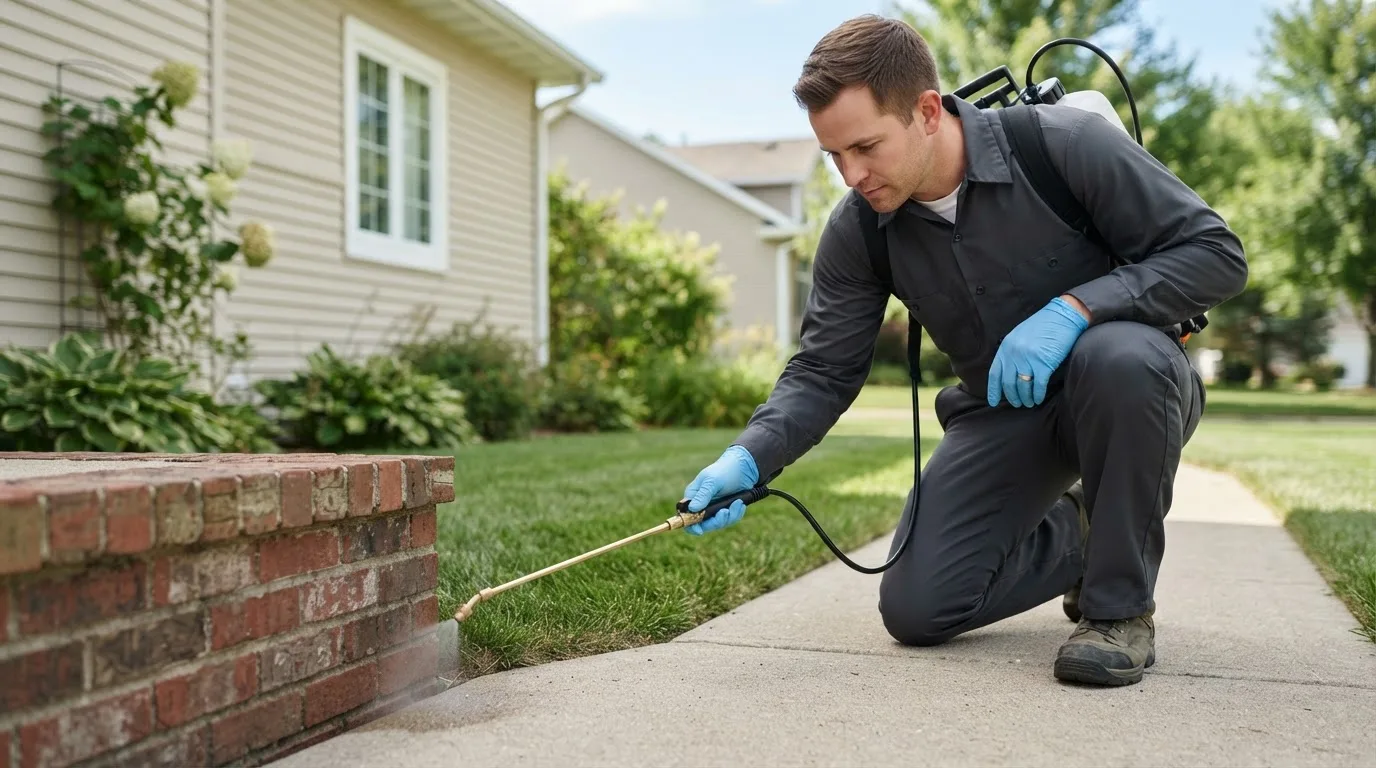 Pest control technician treating a home near Atwater, OH
