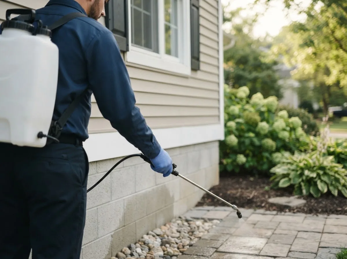 Pest control technician inspecting a home in Atwater, OH